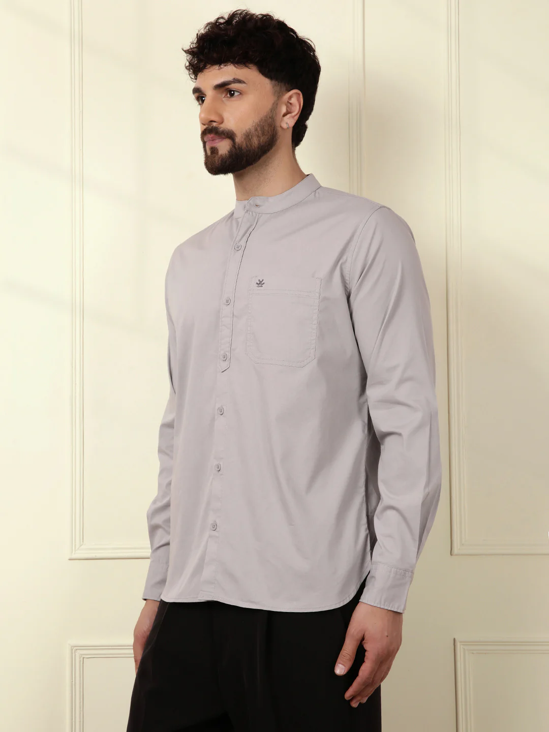 Grey Oxford Mandarin Collar Shirt - Image 4
