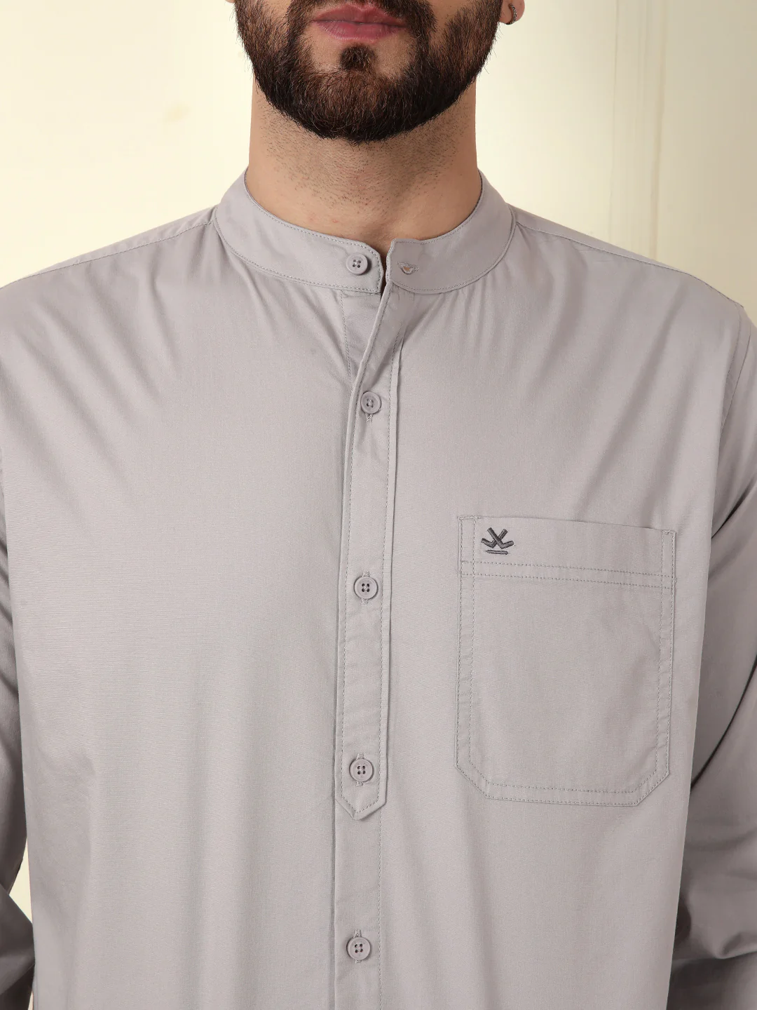 Grey Oxford Mandarin Collar Shirt - Image 5