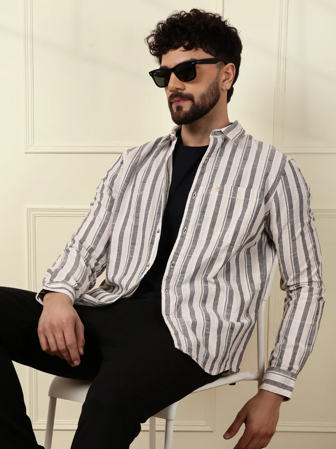 Textured Stripes Cotton Shirt | Grey - Image 2