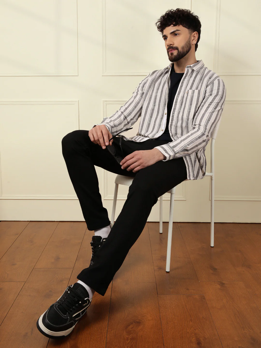 Textured Stripes Cotton Shirt | Grey - Image 3