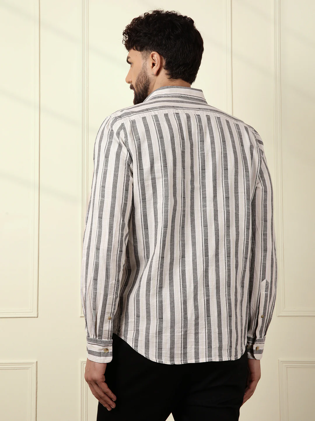 Textured Stripes Cotton Shirt | Grey - Image 4
