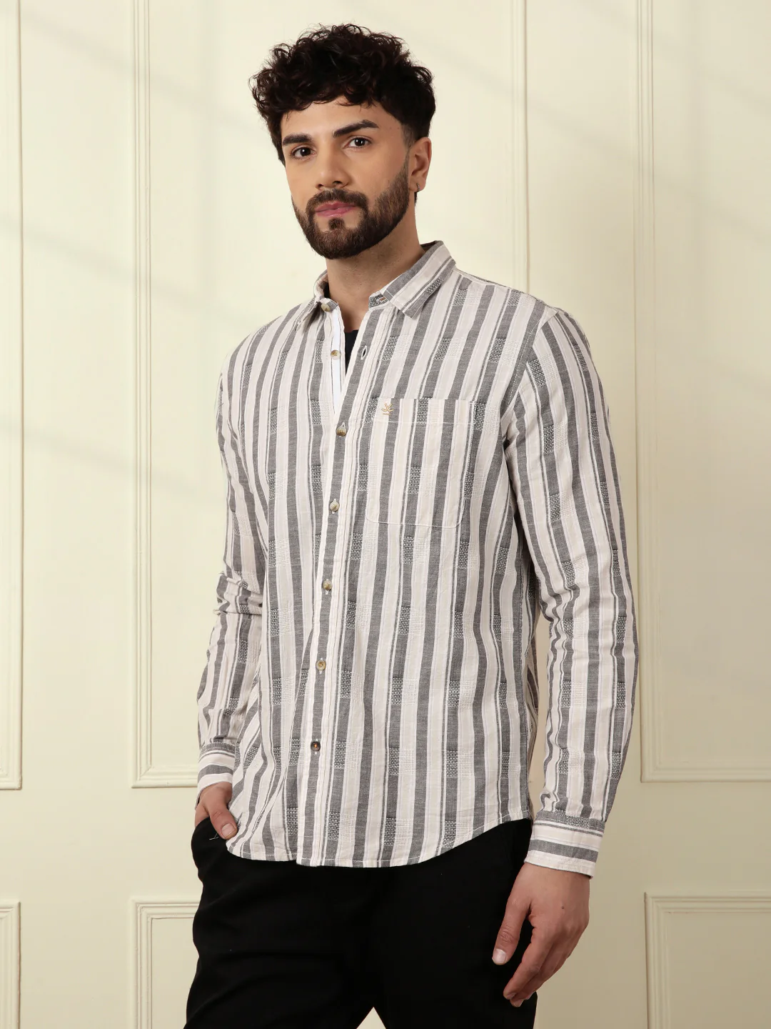 Textured Stripes Cotton Shirt | Grey - Image 5