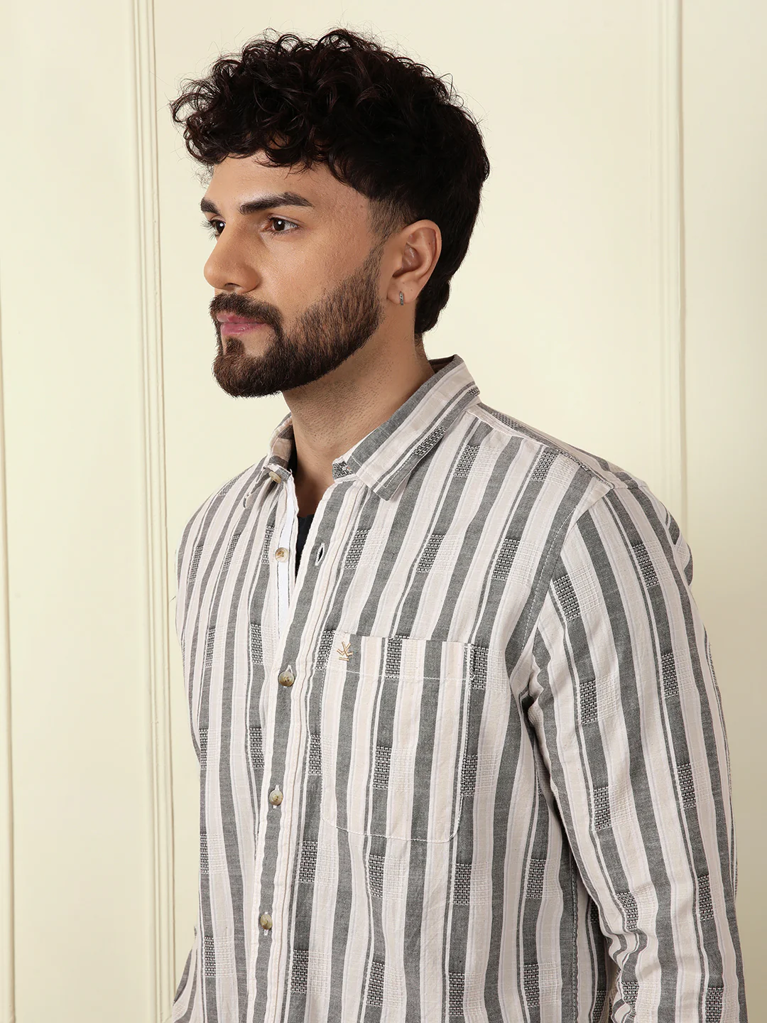 Textured Stripes Cotton Shirt | Grey - Image 6