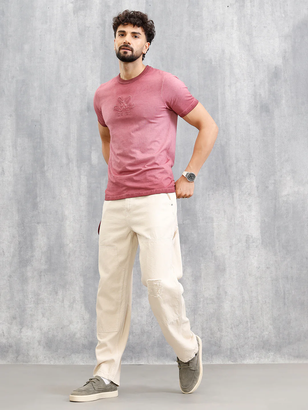 Grunge Pigment Washed T-Shirt With Logo Appliqué On Chest | Maroon - Image 6