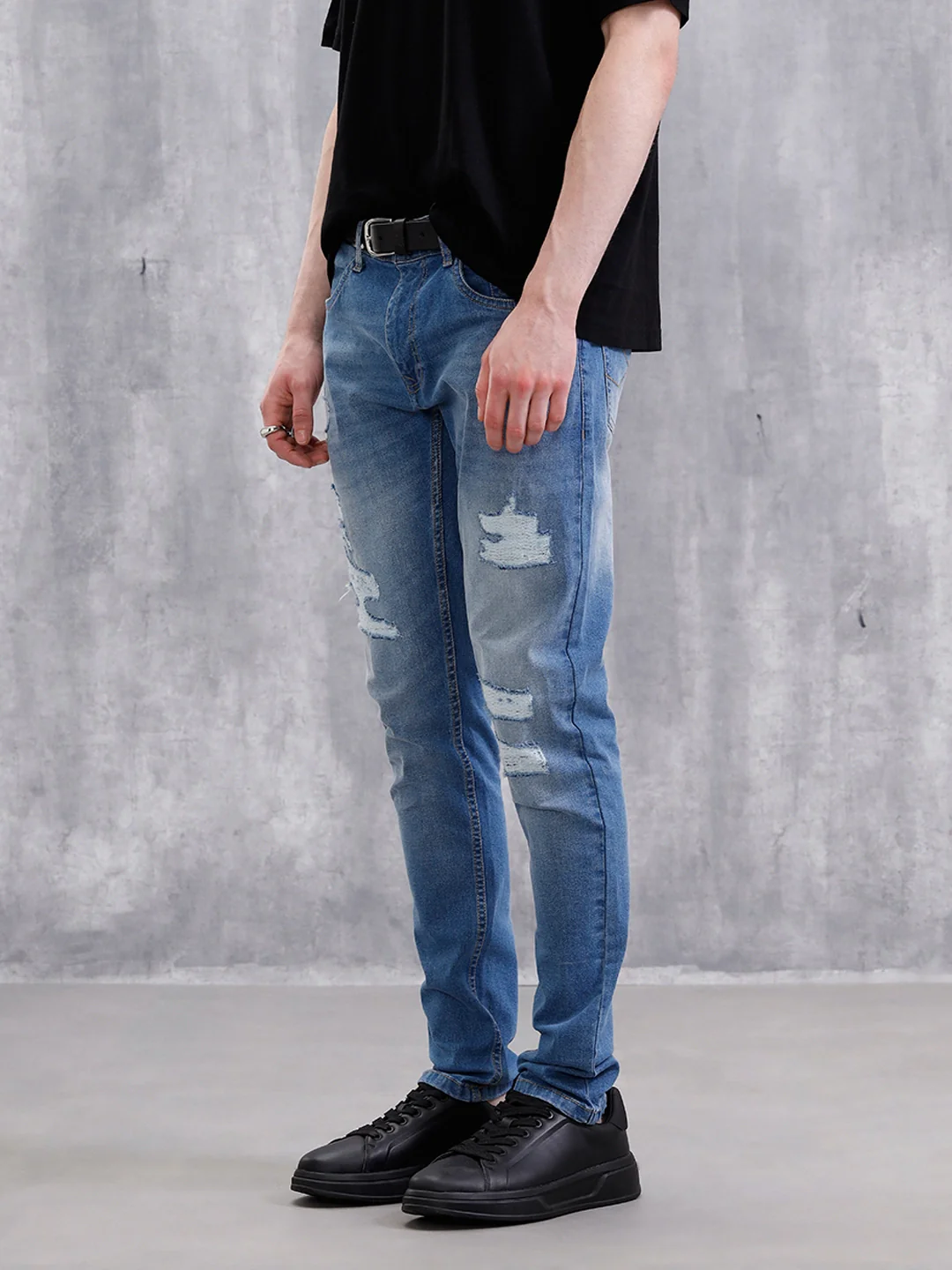 Heavy Distress Slim Tapered Jeans | Blue - Image 4