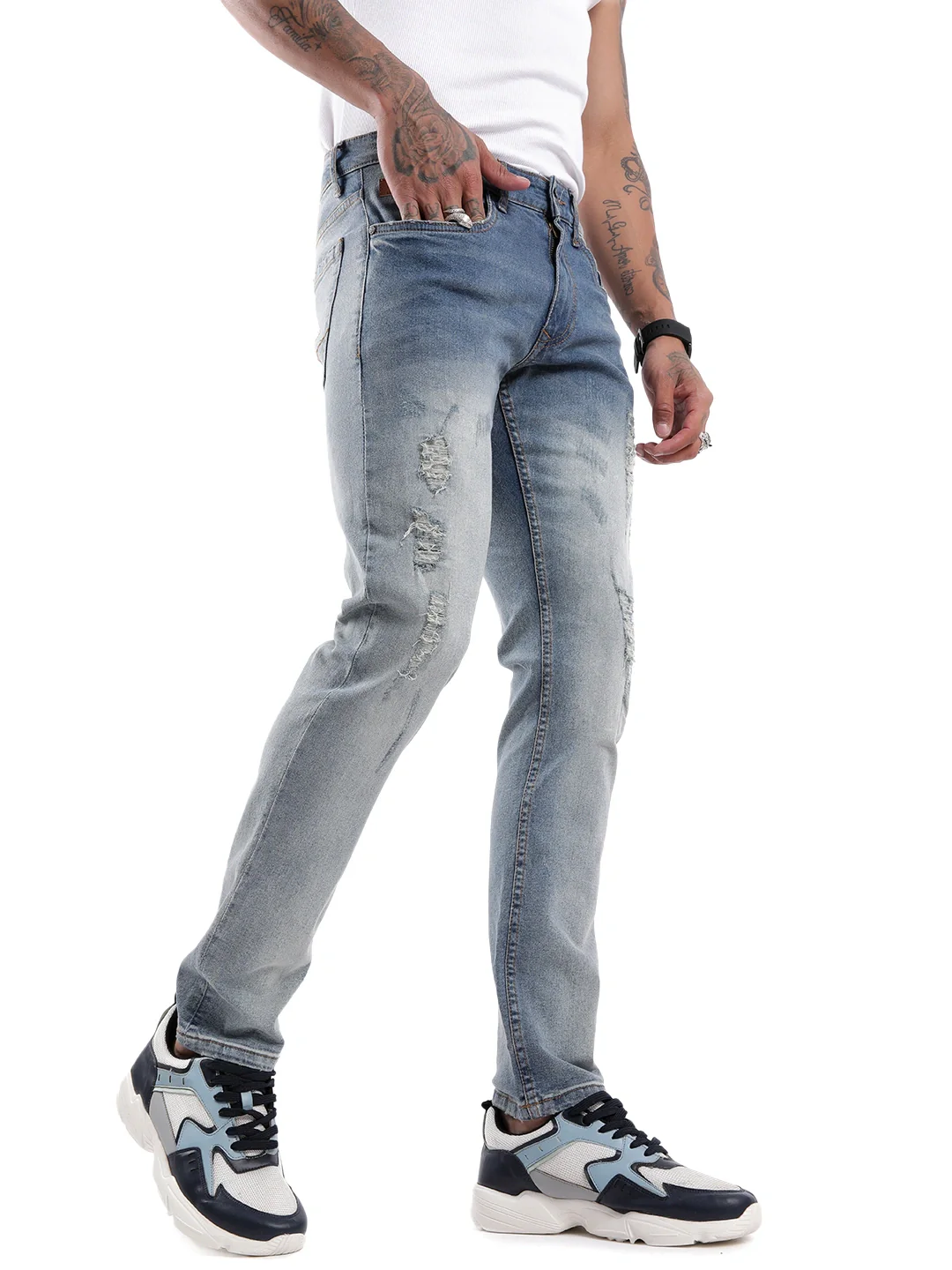 Heavy Distressed Medstone Denim Jeans - Image 4