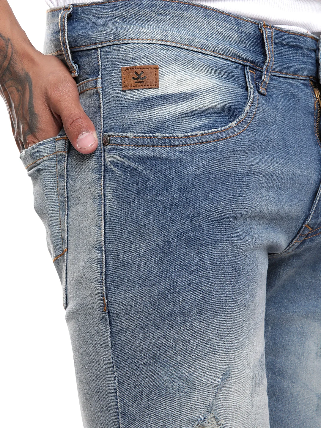 Heavy Distressed Medstone Denim Jeans - Image 5