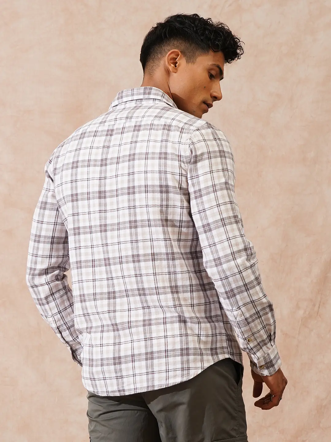 Herringbone Checks Slim Fit Shirt | Beige - Image 3