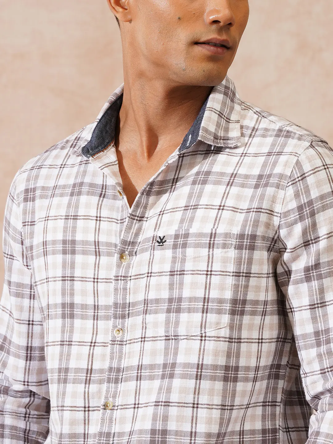 Herringbone Checks Slim Fit Shirt | Beige - Image 5