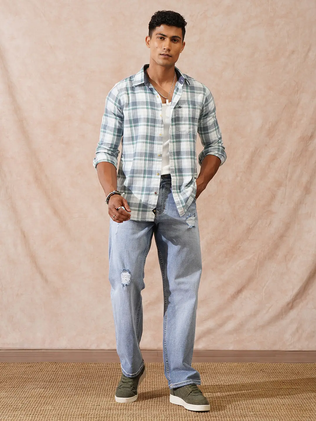 Herringbone Checks Slim Fit Shirt | Green - Image 2