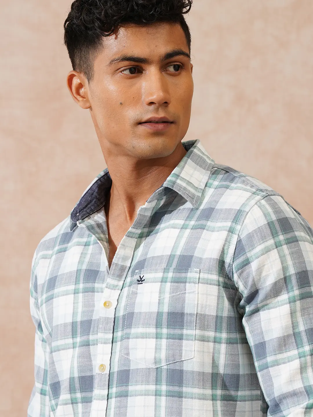 Herringbone Checks Slim Fit Shirt | Green - Image 5