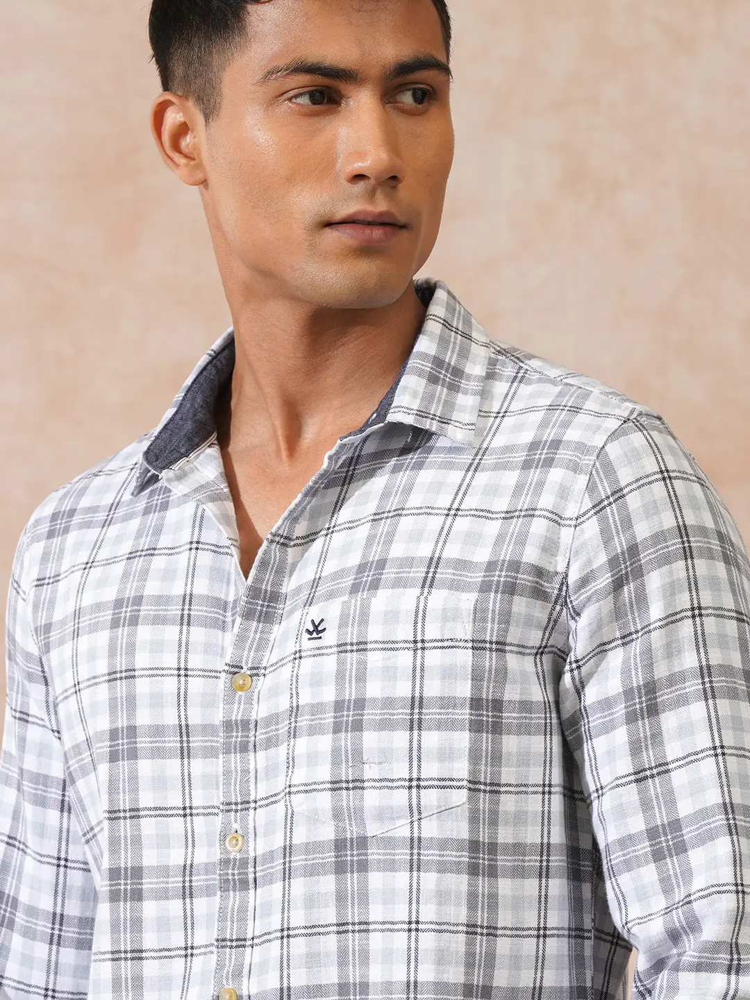 Herringbone Checks Slim Fit Shirt | Grey - Image 5