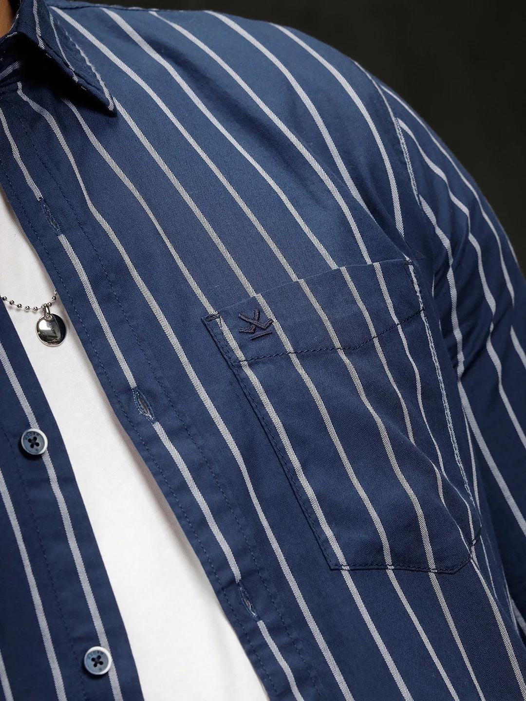 Herringbone Striped Slim Fit Shirt  | Navy Blue - Image 5