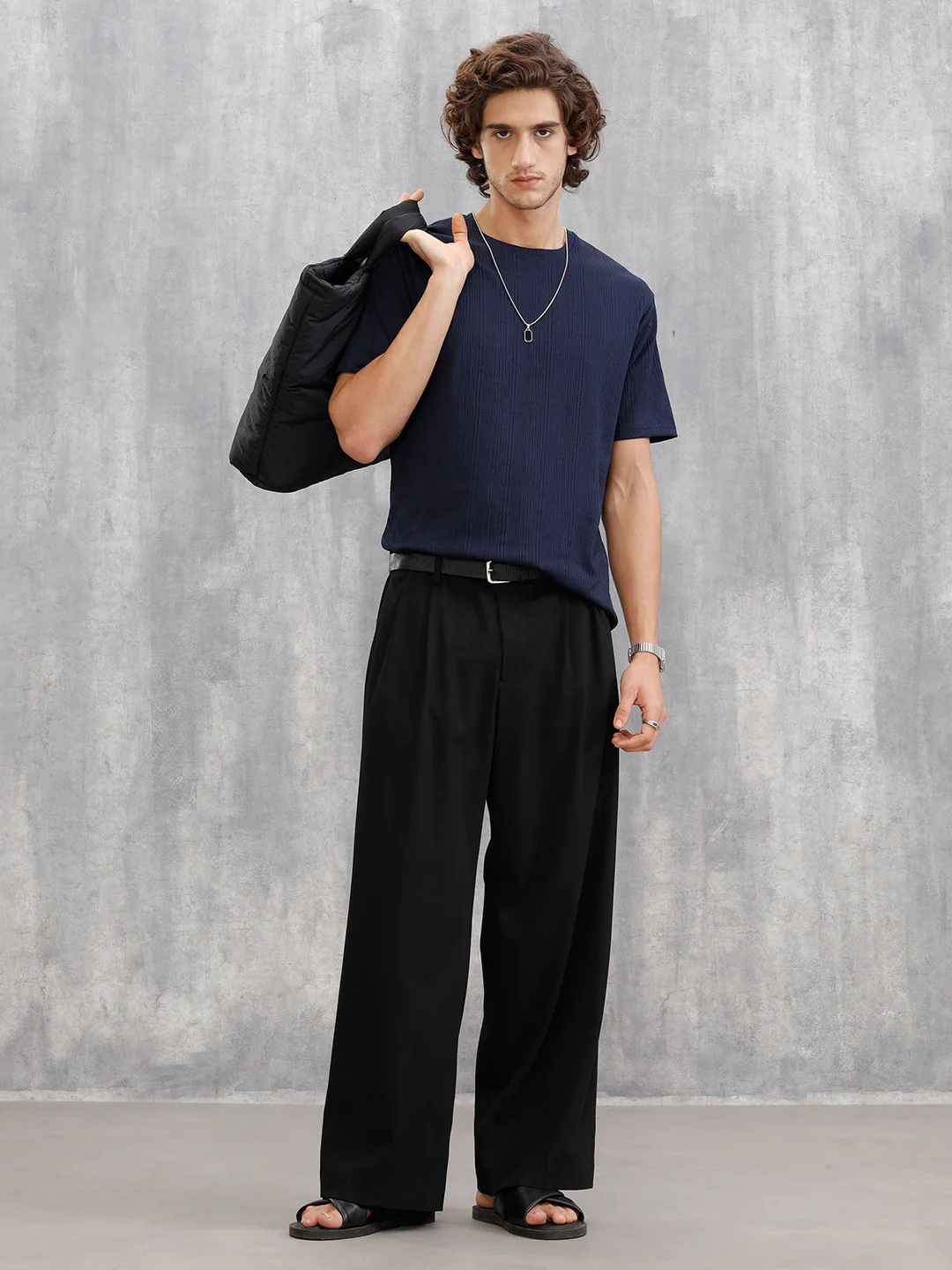 Honeycomb Textured Knit Crew Neck Pullover In Oversized Fit | Navy Blue - Image 2
