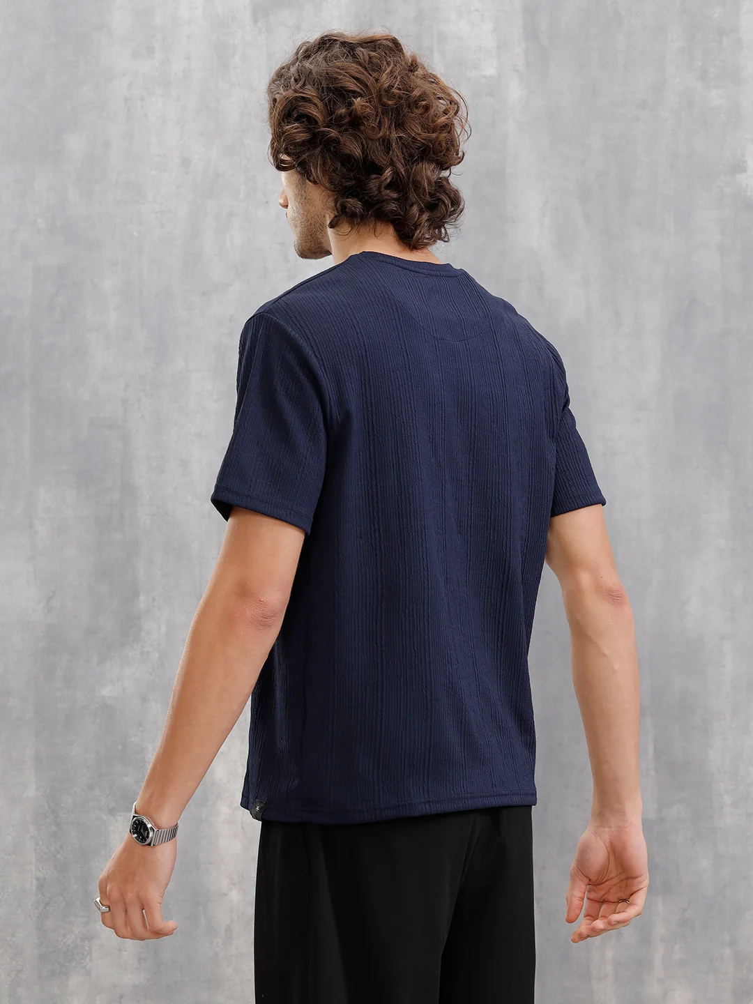 Honeycomb Textured Knit Crew Neck Pullover In Oversized Fit | Navy Blue - Image 3