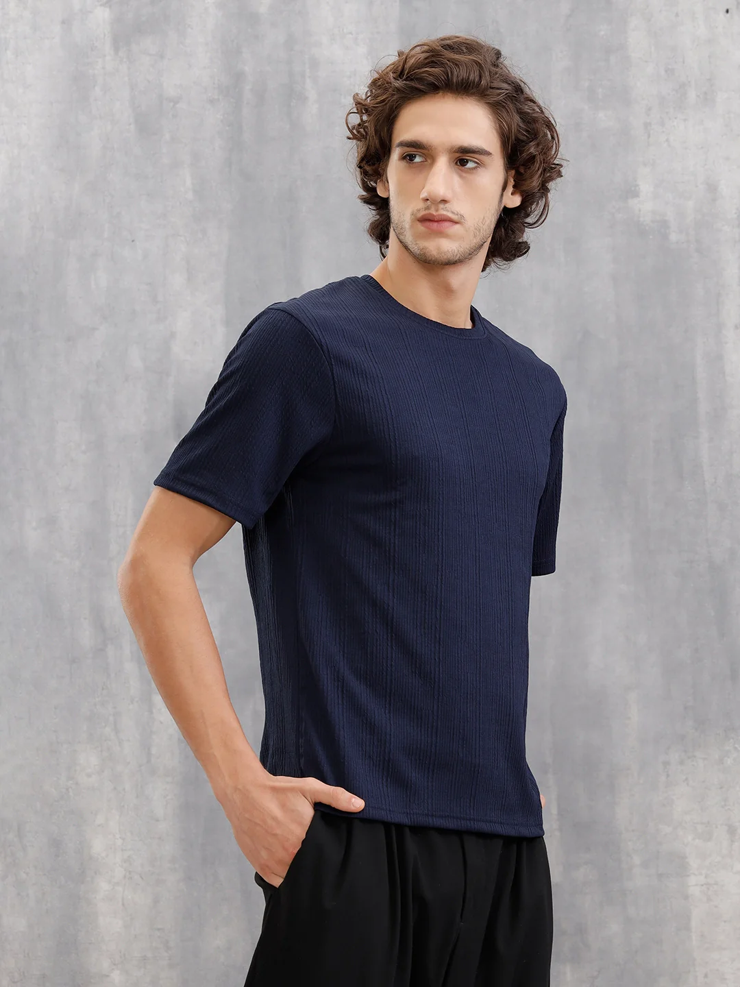 Honeycomb Textured Knit Crew Neck Pullover In Oversized Fit | Navy Blue - Image 4