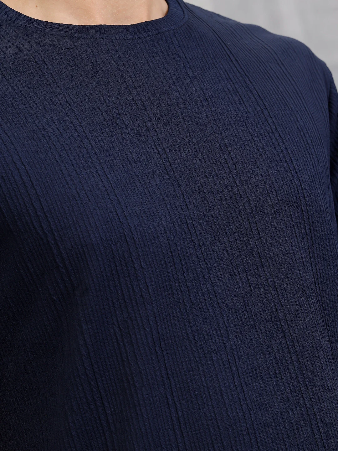 Honeycomb Textured Knit Crew Neck Pullover In Oversized Fit | Navy Blue - Image 5