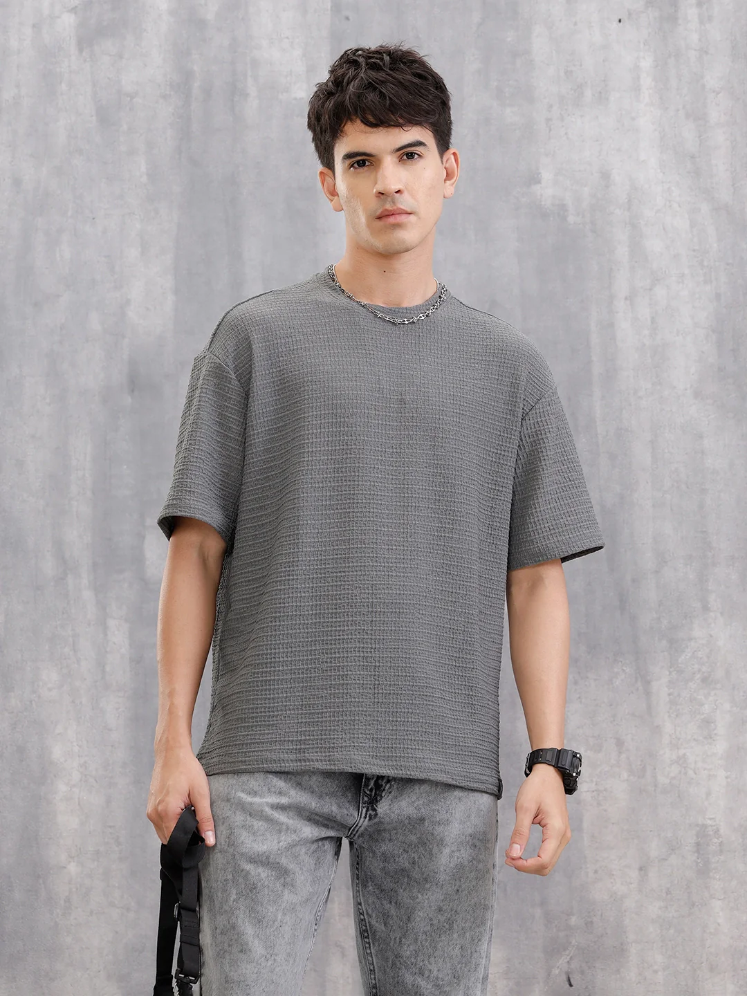 Honeycomb Textured Knit Crew Neck Pullover In Oversized Fit  |  Grey - Image 4