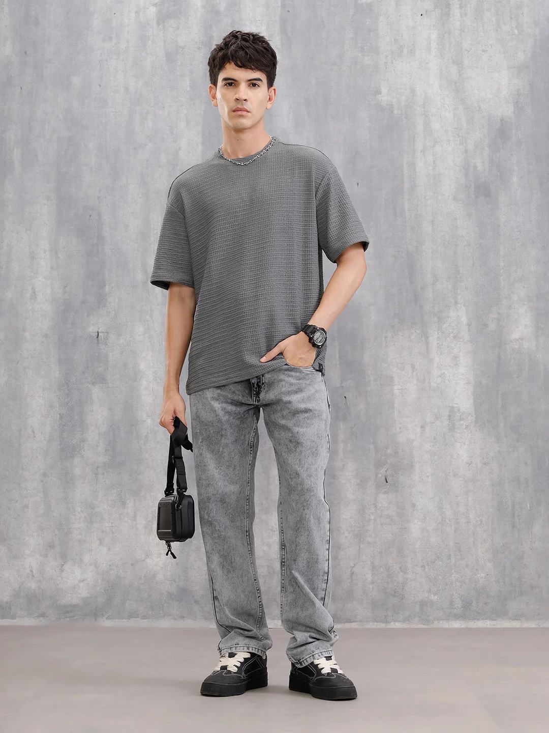 Honeycomb Textured Knit Crew Neck Pullover In Oversized Fit  |  Grey - Image 5