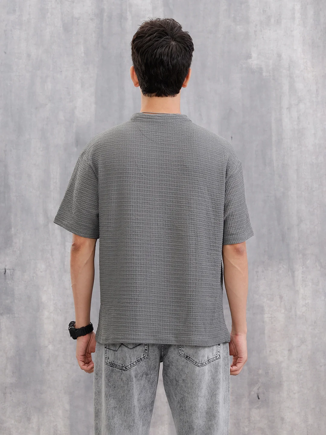 Honeycomb Textured Knit Crew Neck Pullover In Oversized Fit  |  Grey - Image 6