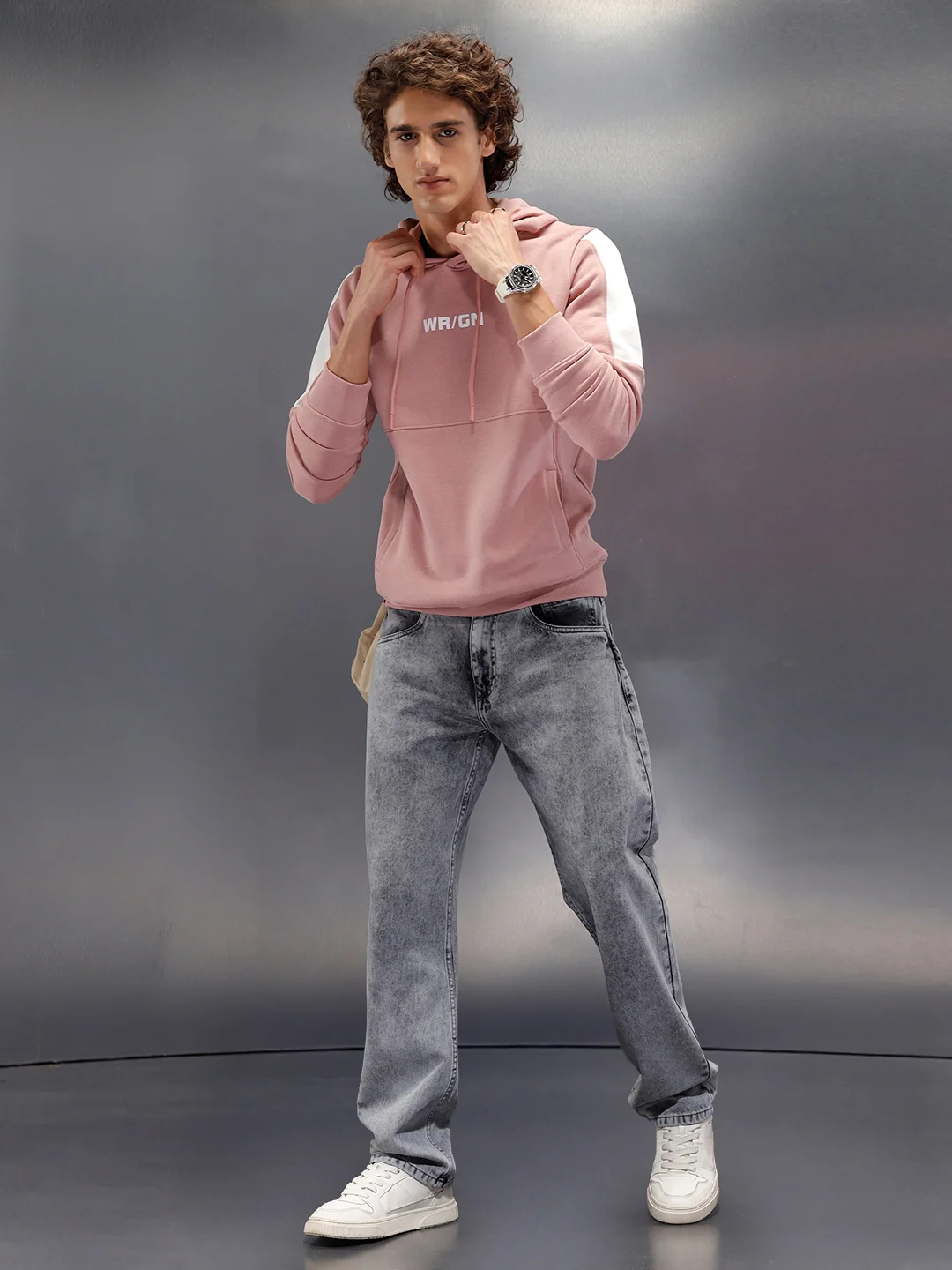 Hooded Cut&Sew Slim Fit Pullover | Pink - Image 2