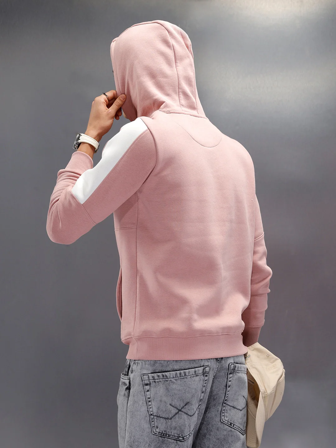 Hooded Cut&Sew Slim Fit Pullover | Pink - Image 3