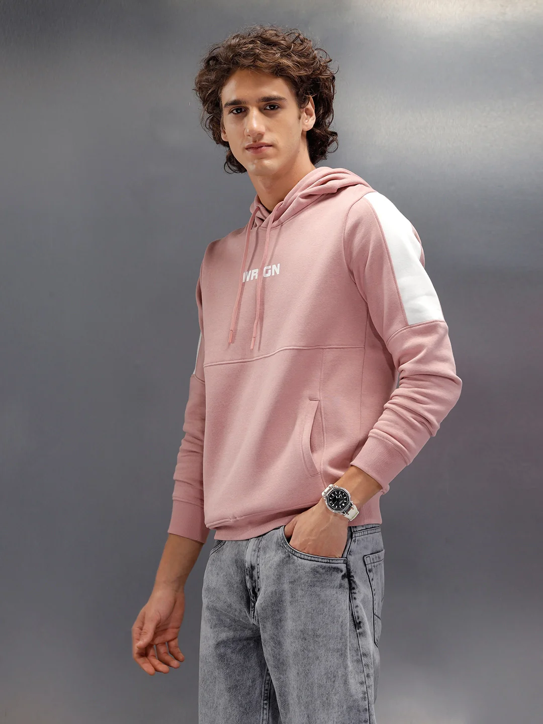 Hooded Cut&Sew Slim Fit Pullover | Pink - Image 4