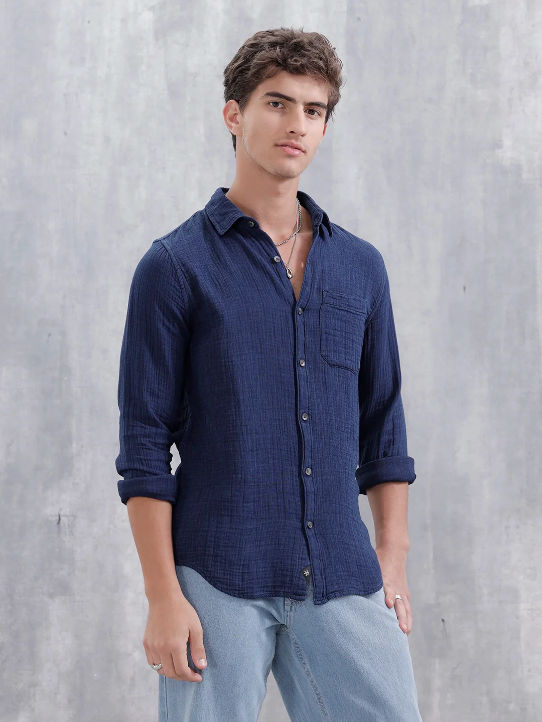 Indigo Double Cloth Slim Fit Shirt In Dark Wash | Dark Blue - Image 4