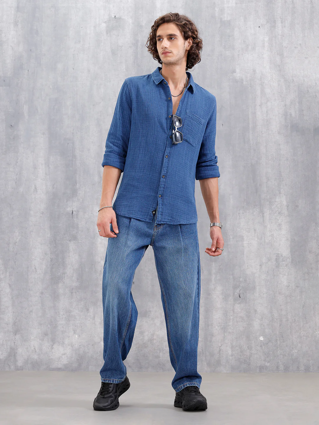 Indigo Double Cloth Slim Fit Shirt In Medium Wash | Blue - Image 2
