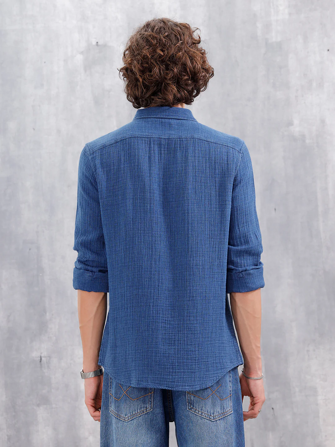 Indigo Double Cloth Slim Fit Shirt In Medium Wash | Blue - Image 3