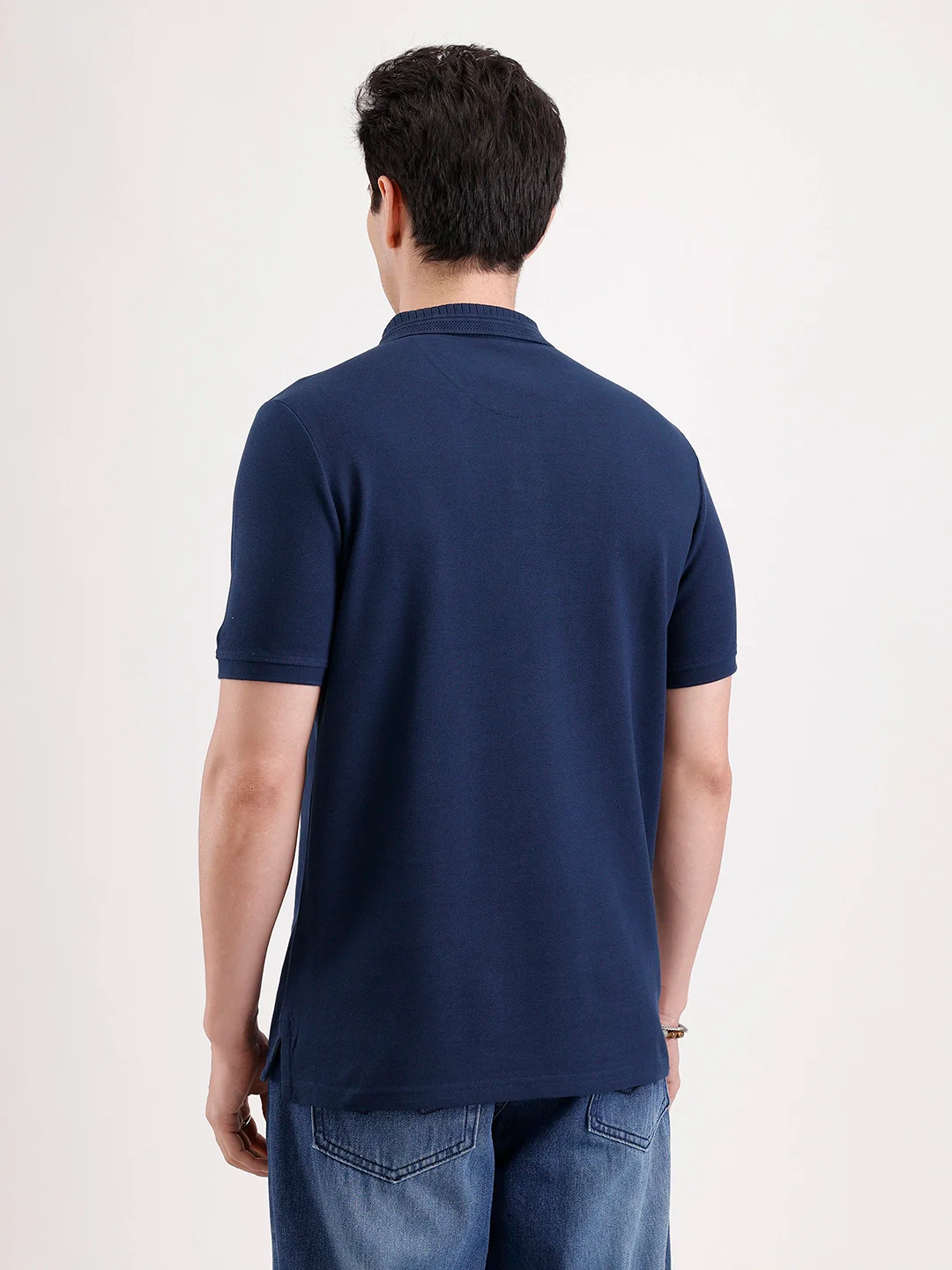 Jacquard Collar Polo T-Shirt  | Navy Blue - Image 3