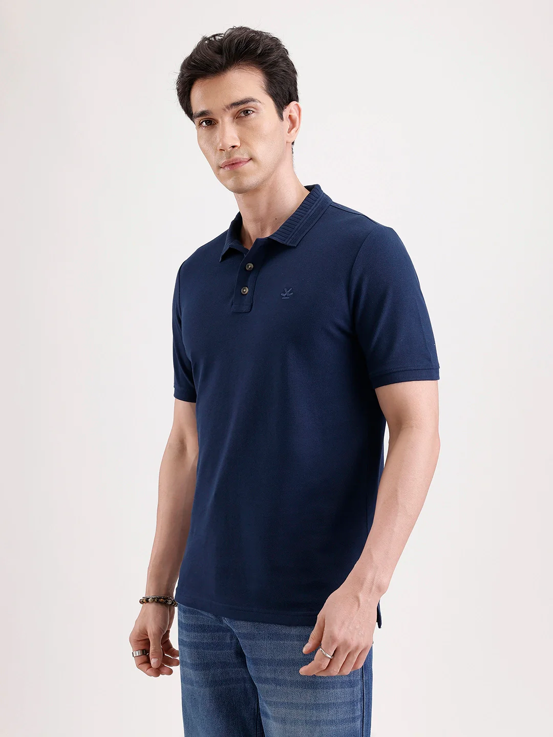 Jacquard Collar Polo T-Shirt  | Navy Blue - Image 4