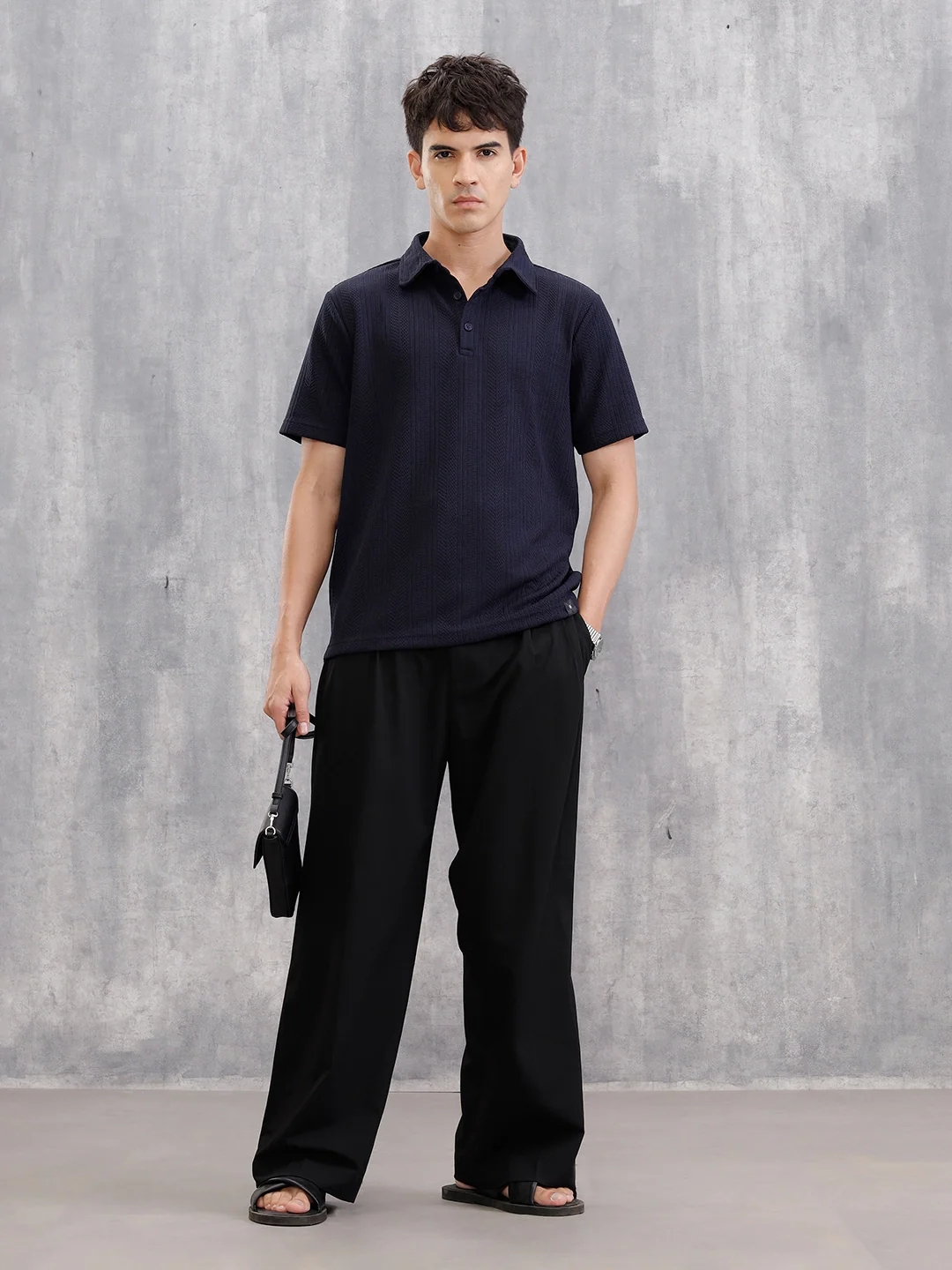 Jacquard Textured Knit Polo In Slim Fit   | Navy Blue - Image 2