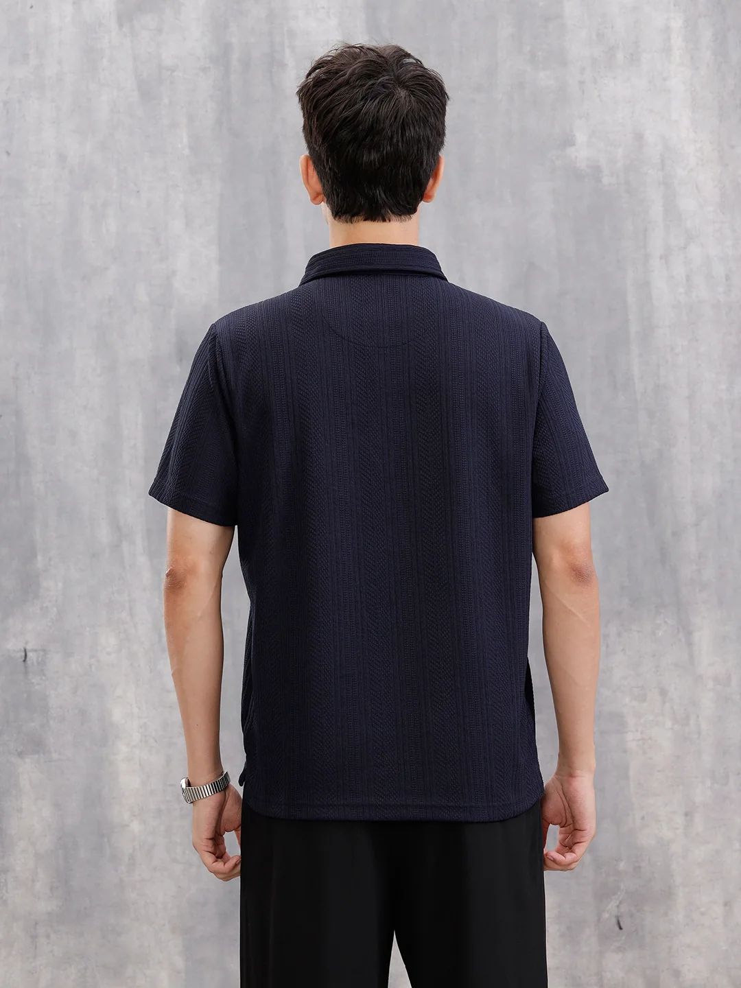 Jacquard Textured Knit Polo In Slim Fit   | Navy Blue - Image 3