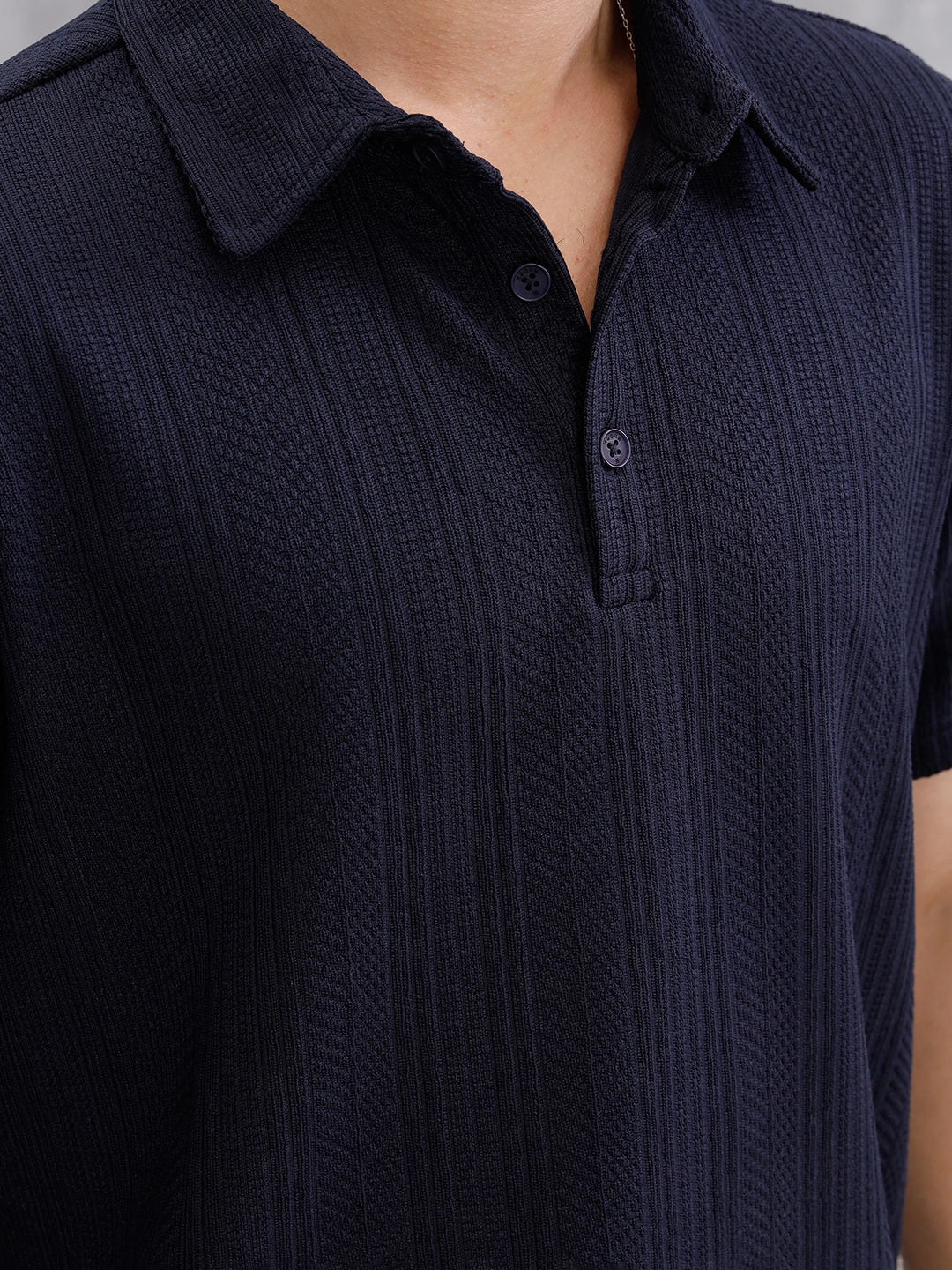 Jacquard Textured Knit Polo In Slim Fit   | Navy Blue - Image 4