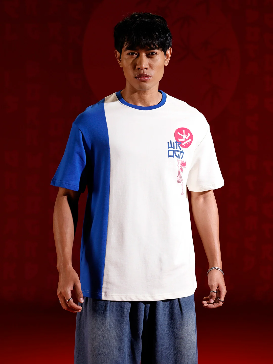 Japanese chest print color-block T-shirt | Off white - Image 3