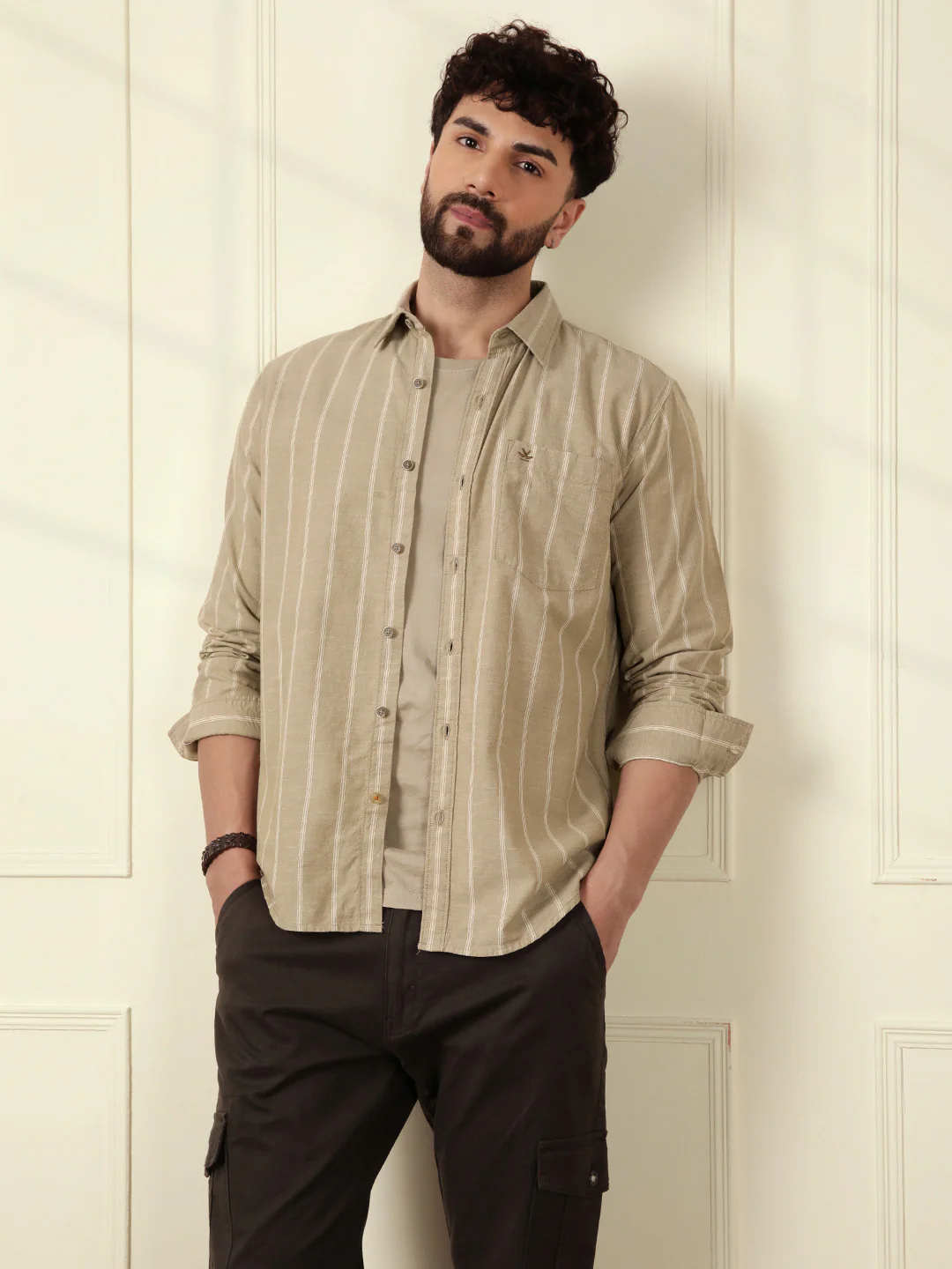 Chambray Striped Classic Shirt | Khaki - Image 2