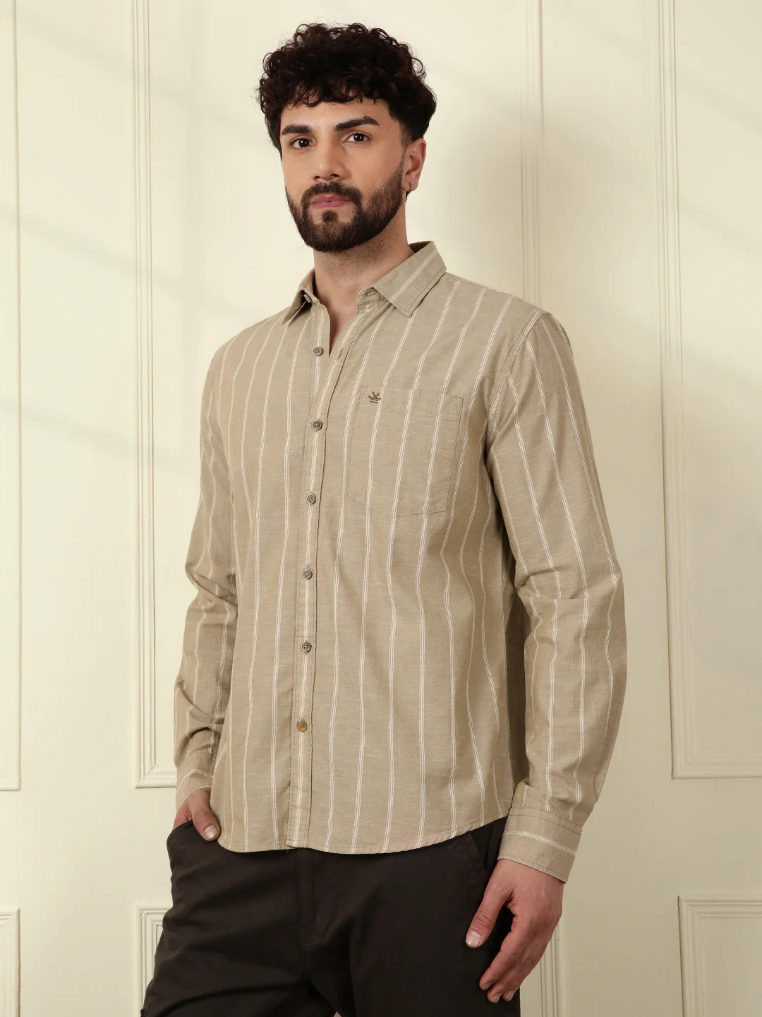 Chambray Striped Classic Shirt | Khaki - Image 5