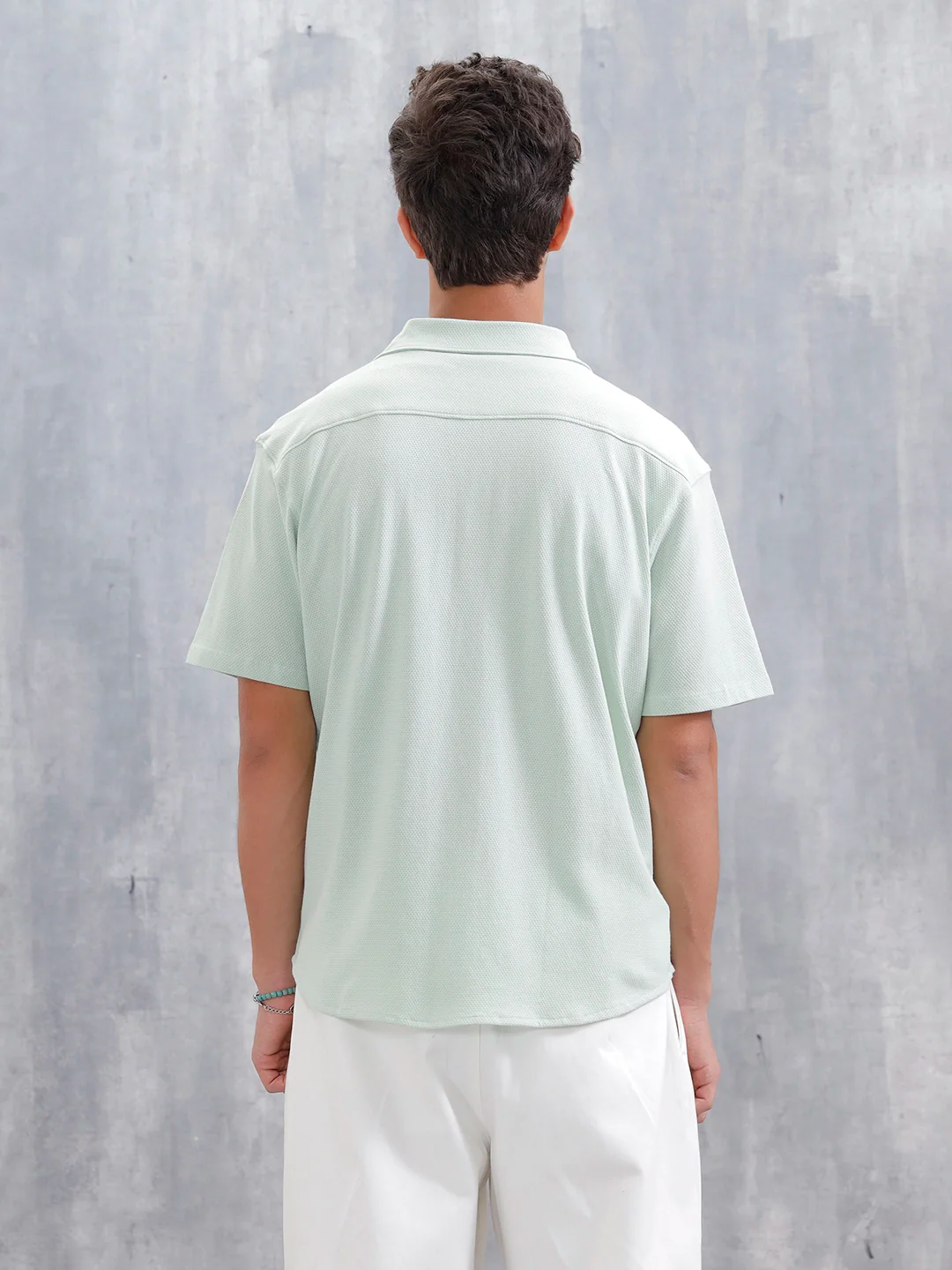 Knit Popcorn Texture Slim Fit Shirt | Light Green - Image 3