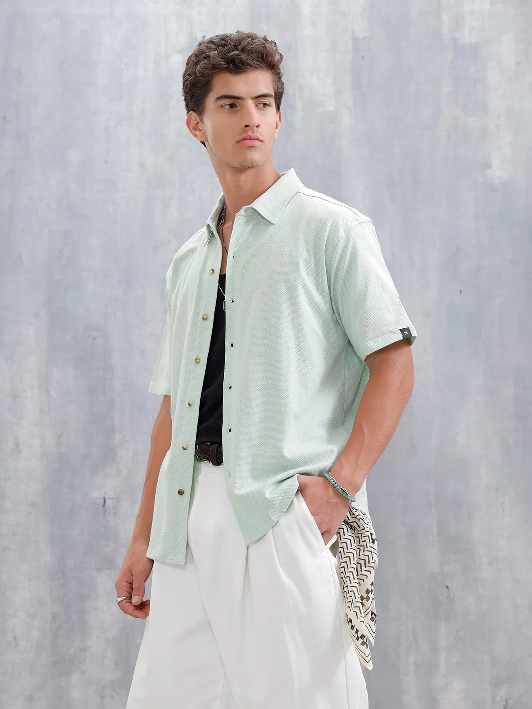 Knit Popcorn Texture Slim Fit Shirt | Light Green - Image 4