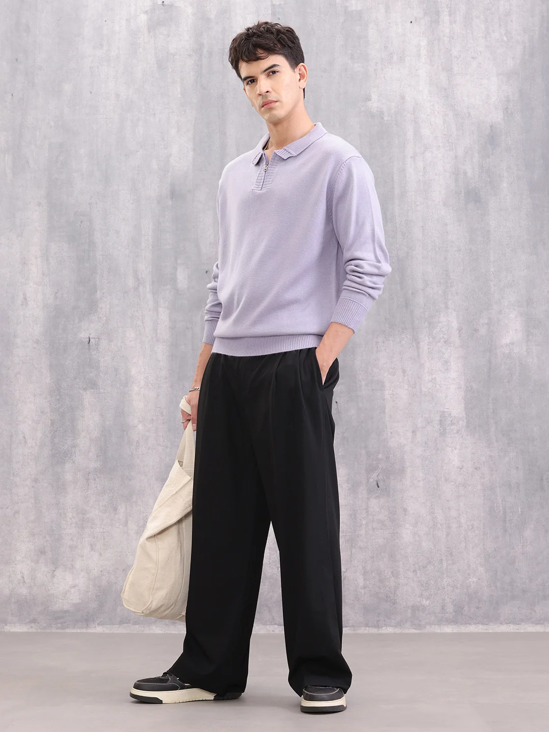 Knitted Pullover With Stylized Half Zip Polo Collar | Lavender - Image 2