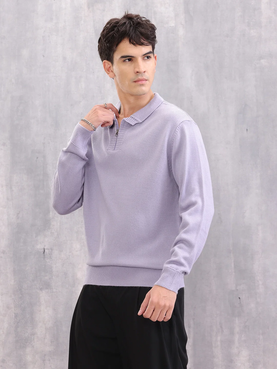 Knitted Pullover With Stylized Half Zip Polo Collar | Lavender - Image 4