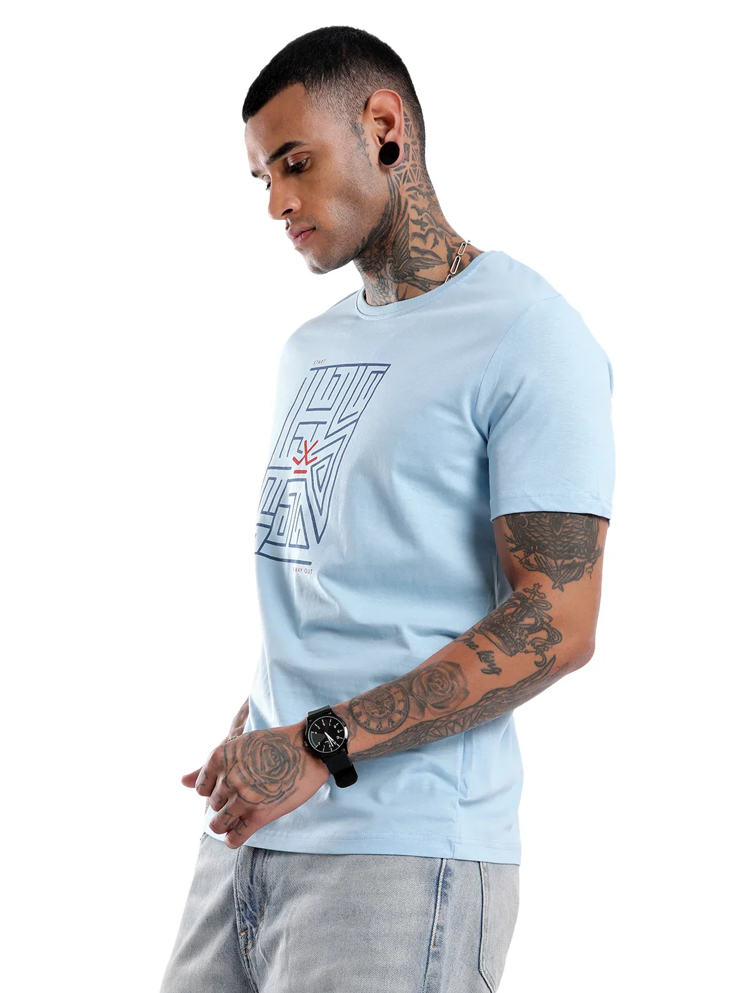 Light Blue Maze Printed T-Shirt - Image 4