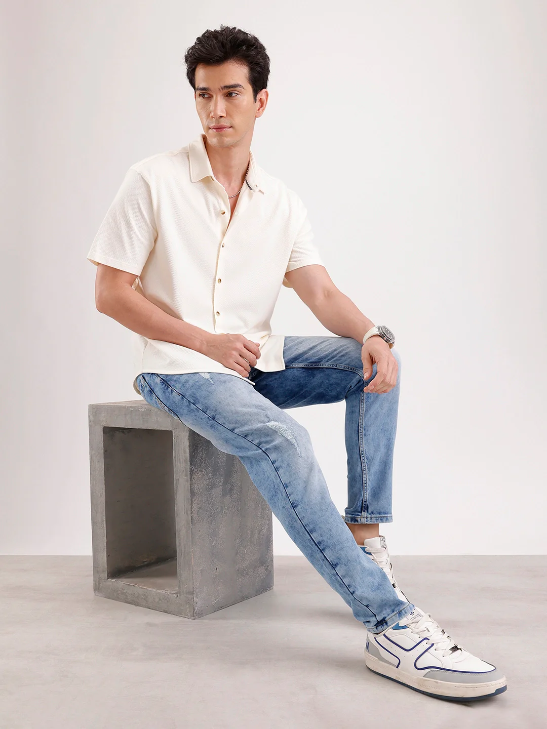 Light Distressed Skinny Crop Denim Jeans  | Blue - Image 2