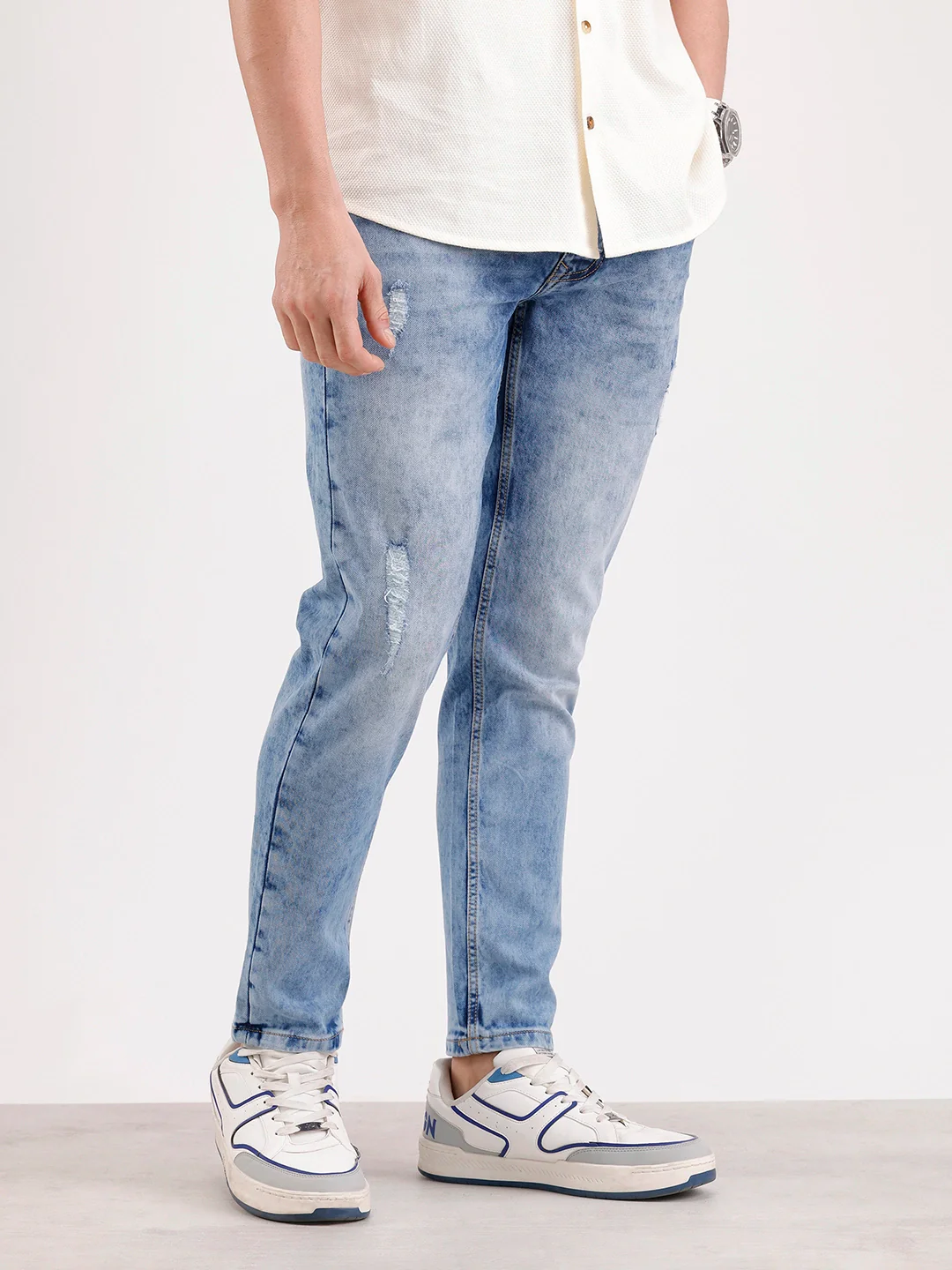 Light Distressed Skinny Crop Denim Jeans  | Blue - Image 4