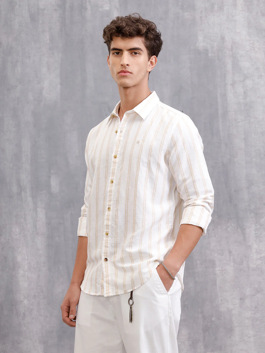 Linen Blend Premium Stripe Shirt In Slim Fit | White - Image 5