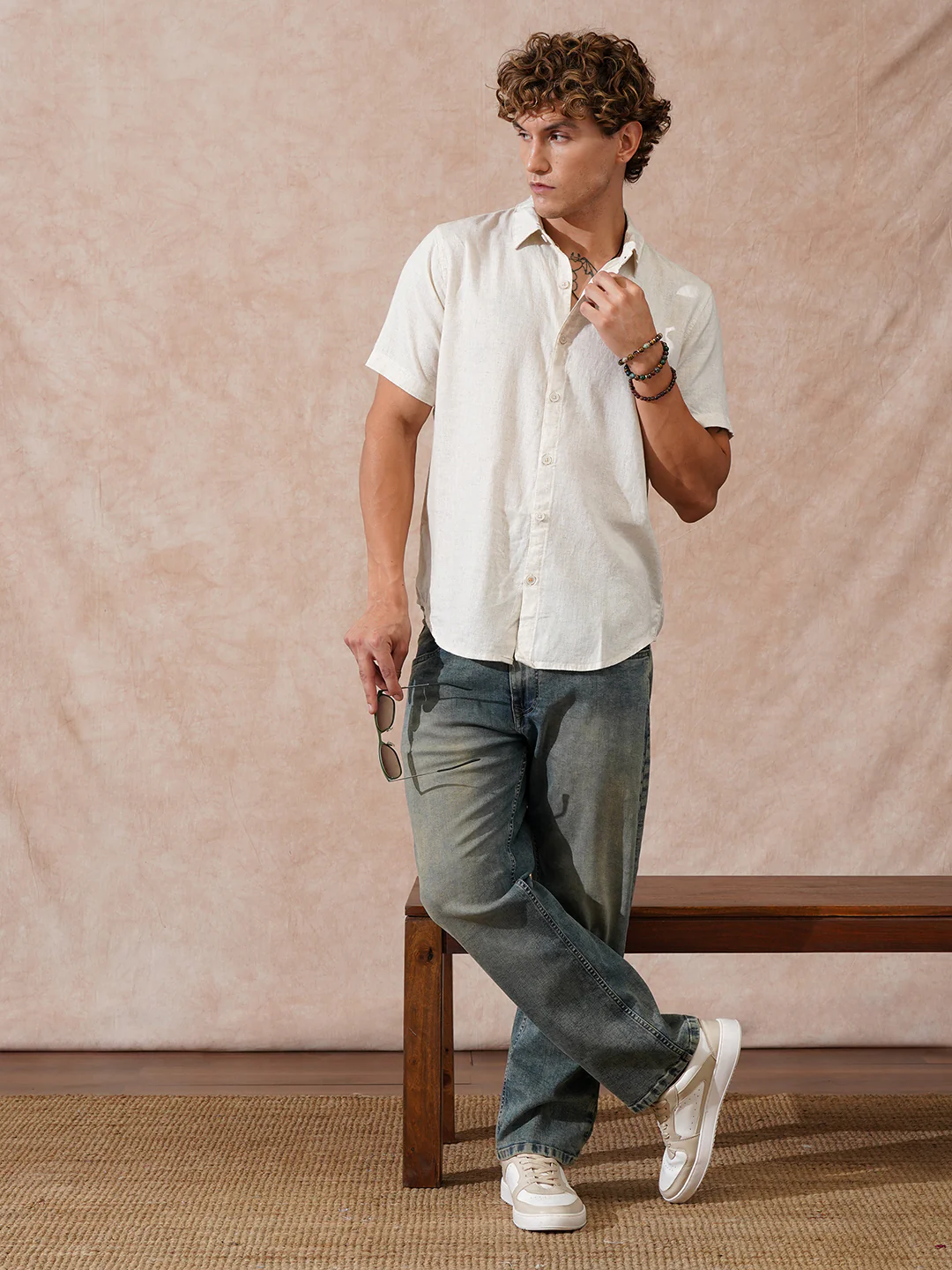 Solid Linen Blend Slim Fit Shirt | Ecru - Image 2