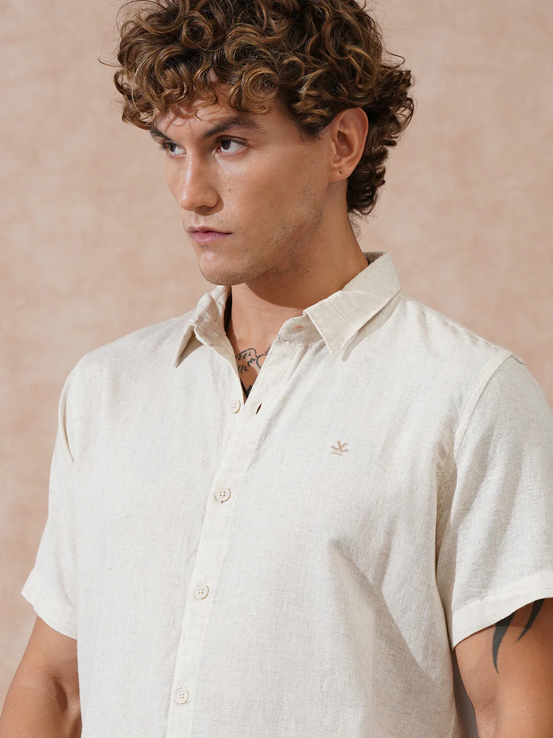 Solid Linen Blend Slim Fit Shirt | Ecru - Image 5