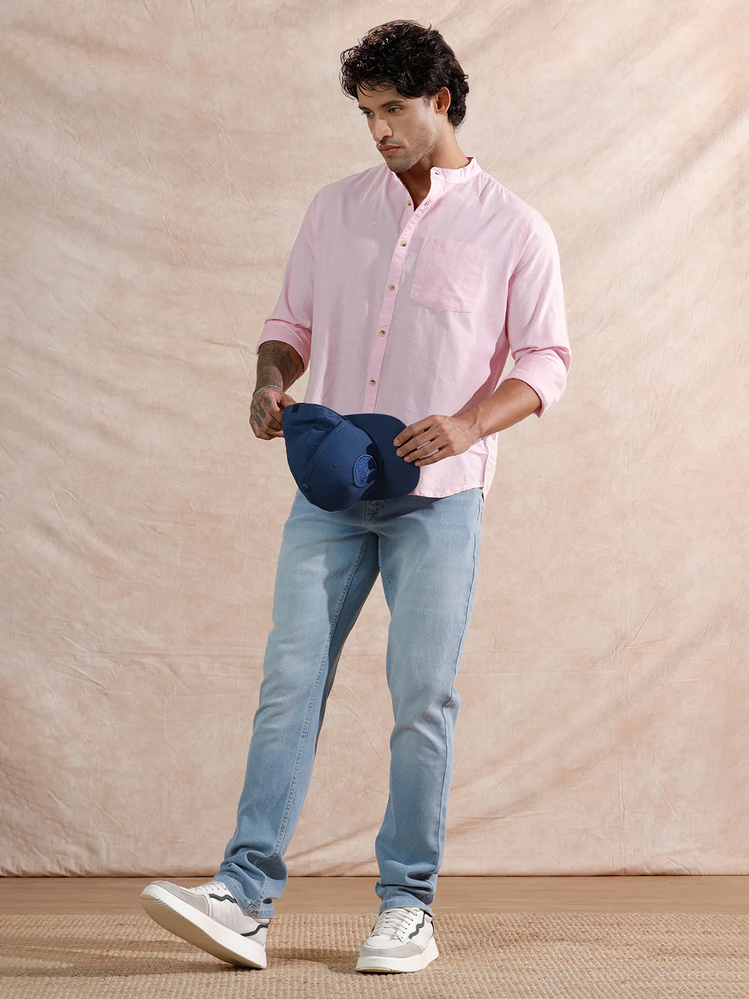 Mandarin Collar Regular Fit Shirt | Pink - Image 2