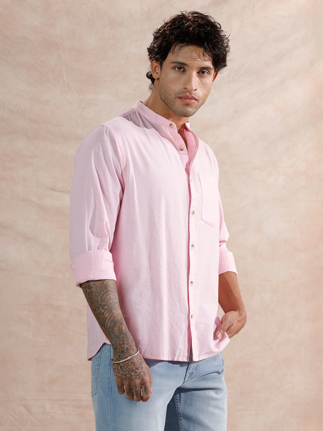 Mandarin Collar Regular Fit Shirt | Pink - Image 4
